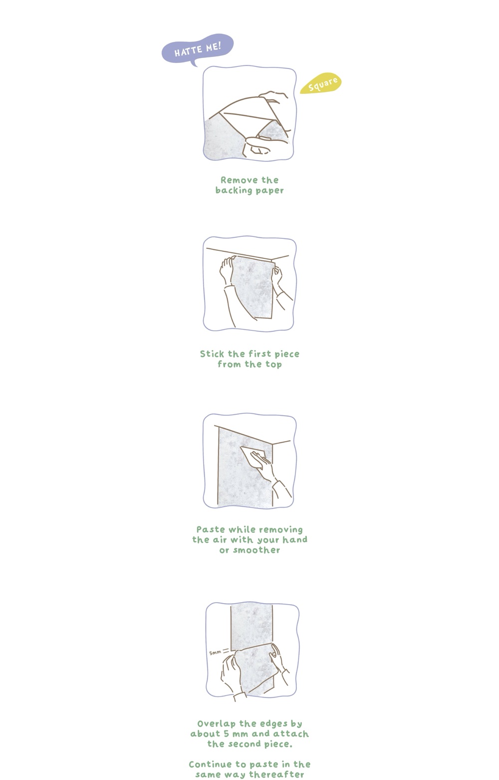 Removable wallpaper installation guide infographic with cartoon drawings